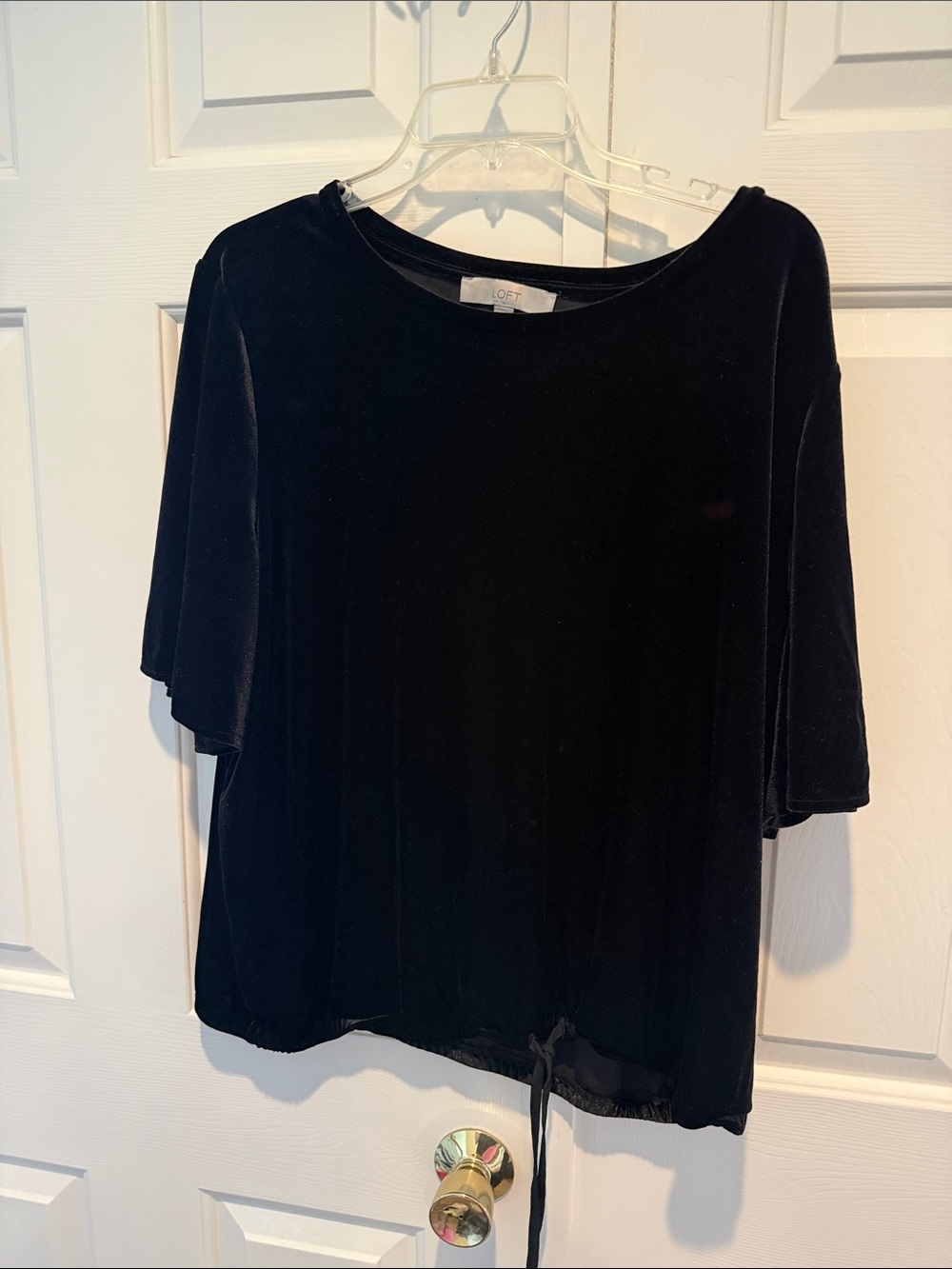 LOFT Black Velvet Short Sleeve Tie-Hem Top
